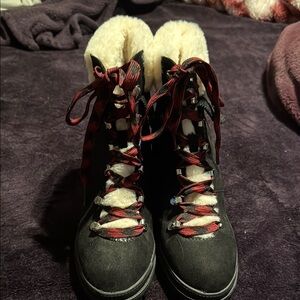Women's Black and Red Lace-Up Boots